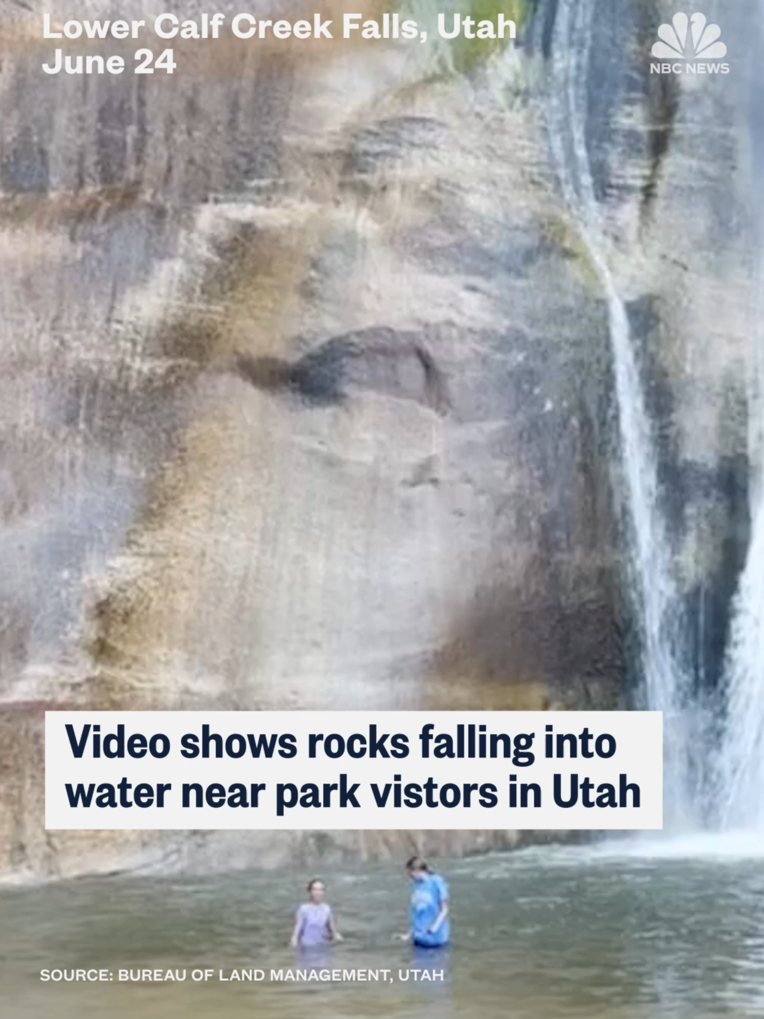 Rocks falling from a #waterfall in #Utah nearly hit park visitors taking a dip in the water.