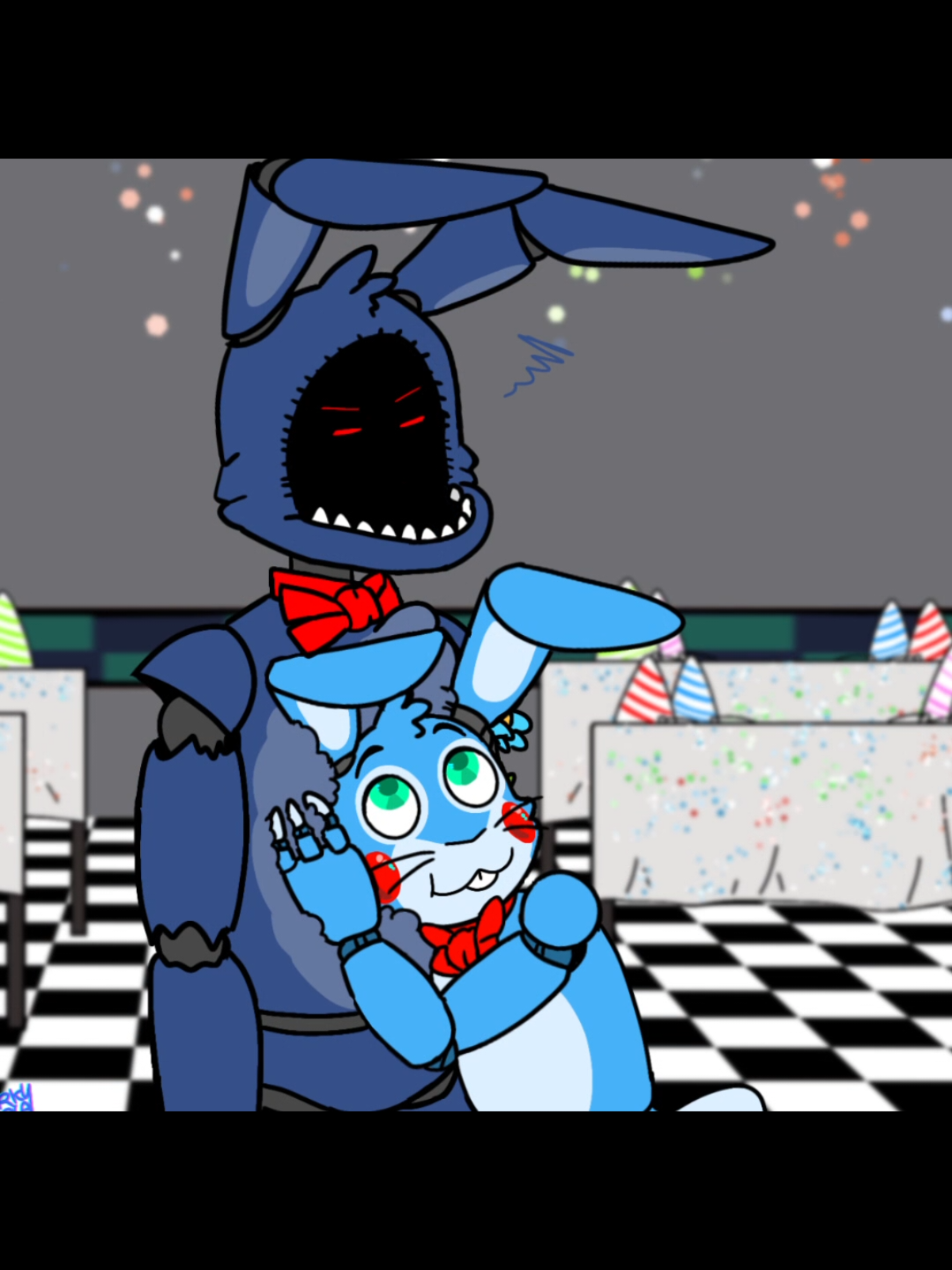 Sibling Bonding. Thanks for the help @💜Angie💜! Art and Comic made by @OrkyOrca   #fnaf #fnaf2 #toyfreddy #toybonnie #toychica #mangle #witheredfreddy #witheredbonnie #witheredchica #witheredfoxy #comicdub #fnafcomic 
