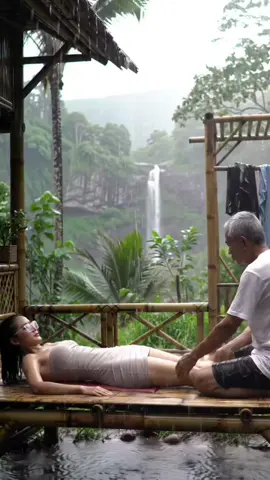 Seorang gadis sedang pijat refleksi kaki dan relaksasi di gazebo bambu, suasana alam pedesaan tropis, hujan ringan, latar sawah dan pegunungan hijau.