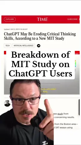 Yes, you do get dumber if you’re a lazy AI user.  MIT just proved it. New (not-yet peer-reviewed) research from MIT tested 3 groups writing SAT essays: 1️⃣ Full ChatGPT users 2️⃣ Google search users 3️⃣ Solo writers (old-school library card vibes) They hooked everyone up to EEGs.  The ChatGPT-only group? “Soulless work.”  Minimal brain engagement. The Google search group did better. The solo writers had the most brain activity by far. The takeaway? AI doesn’t make you dumb.  Lazy use does. Copy-pasting from GPT without thinking makes you an NGMI.  But if you’re human-in-the-loop, editing, guiding, and iterating, you’re future-proof. Follow for more breakdowns of AI studies without the fear-mongering or clickbait. #chatgpt #medialiteracy #aiethics #criticalthinking #mitstudy #ai #aitiktok #artificialintelligence #cognitivescience #digitalliteracy #technews #lIm