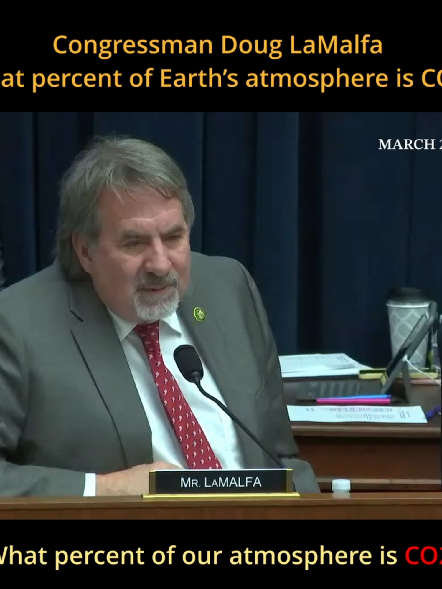 Congressman Doug LaMalfa asks: What percent of Earth’s atmosphere is CO₂? Panel members guess — 5%, 7%, even 8%. Then LaMalfa drops the real number: 0.04% — and questions the entire climate action movement based on that figure. He argues that while we’re constantly hearing #climatechange , #co2 , climate change,” we’re being pressured into major transitions — like switching to electric vehicles — even though, in his words, “we don’t have the #electricgrid to support it.” As a farmer, he says replacing $300K to $1M equipment with electric alternatives isn’t realistic. Then he adds: 🗣️ “This is what we’re being all contorted into doing — over this tiny change in CO₂. If we get below 0.02, plant life starts dying off.” Transportation and Infrastructure Committee Hearings ,March 28th, 2023 💬 What do you think? Is he making a valid point — or completely missing the science?