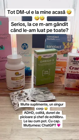 #suplimente #tiktokhealth #chatgpt #fyp #pentrutine ADHD, colită, dureri de nerv sciatic și o colecție de suplimente cât un raft de farmacie. Le organizez cu cap, nu la întâmplare. Mulțumesc, ChatGPT 💊💜