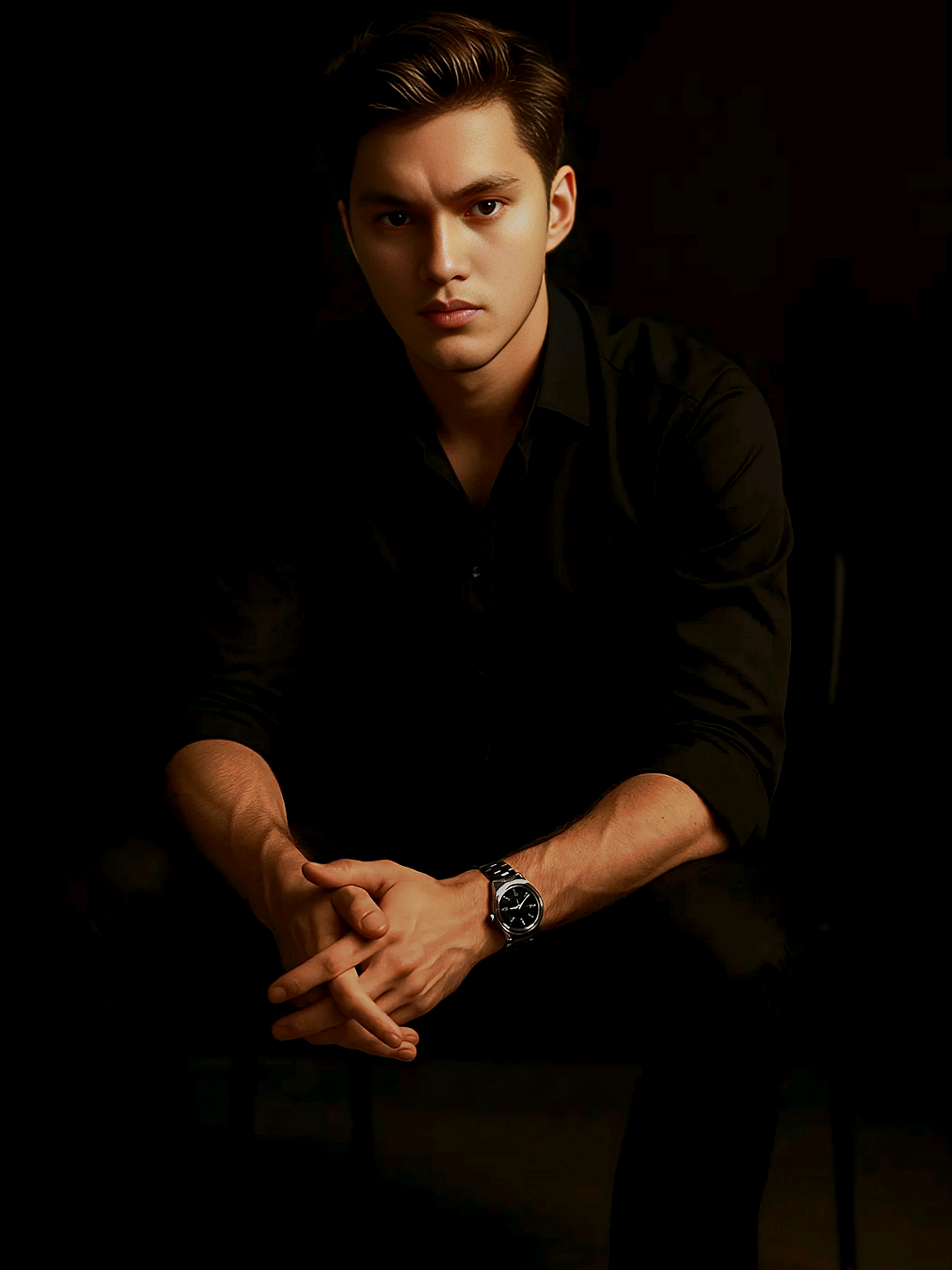 Elegant Photo Tutorial for Profile  1. Open chatGPT  2. Upload your photo  3. Type the following prompt: A young man, with fair skin, wearing a black shirt, rolled up sleeves, paired with black slim-fit trousers. He sits on a minimalist chair in a black studio. His hands are clasped together in front. The soft and deep lighting creates a cinematic feel. He wears an elegant watch. The overall style is luxurious, modern and mysterious.#chatgptprompts #vintage #edit #howtoedityourpicture #fypage #chatgpt #vn #fyp 