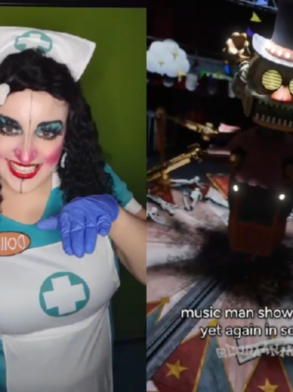 #duet with @codaanim Big Top is so intimidating haha 😂🎫🎪🎀💖💕🐰🦄 #fnaf #fivenightsatfreddys #bigtopfnaf #ticketsplease #musicman #fyp #foryou #nursedollie #dollie #dolliefnaf #fnafcosplay #secretofthemimic #sotmfnaf #edwinmurray #themimic #mynameisedwin #giantenemyspider 