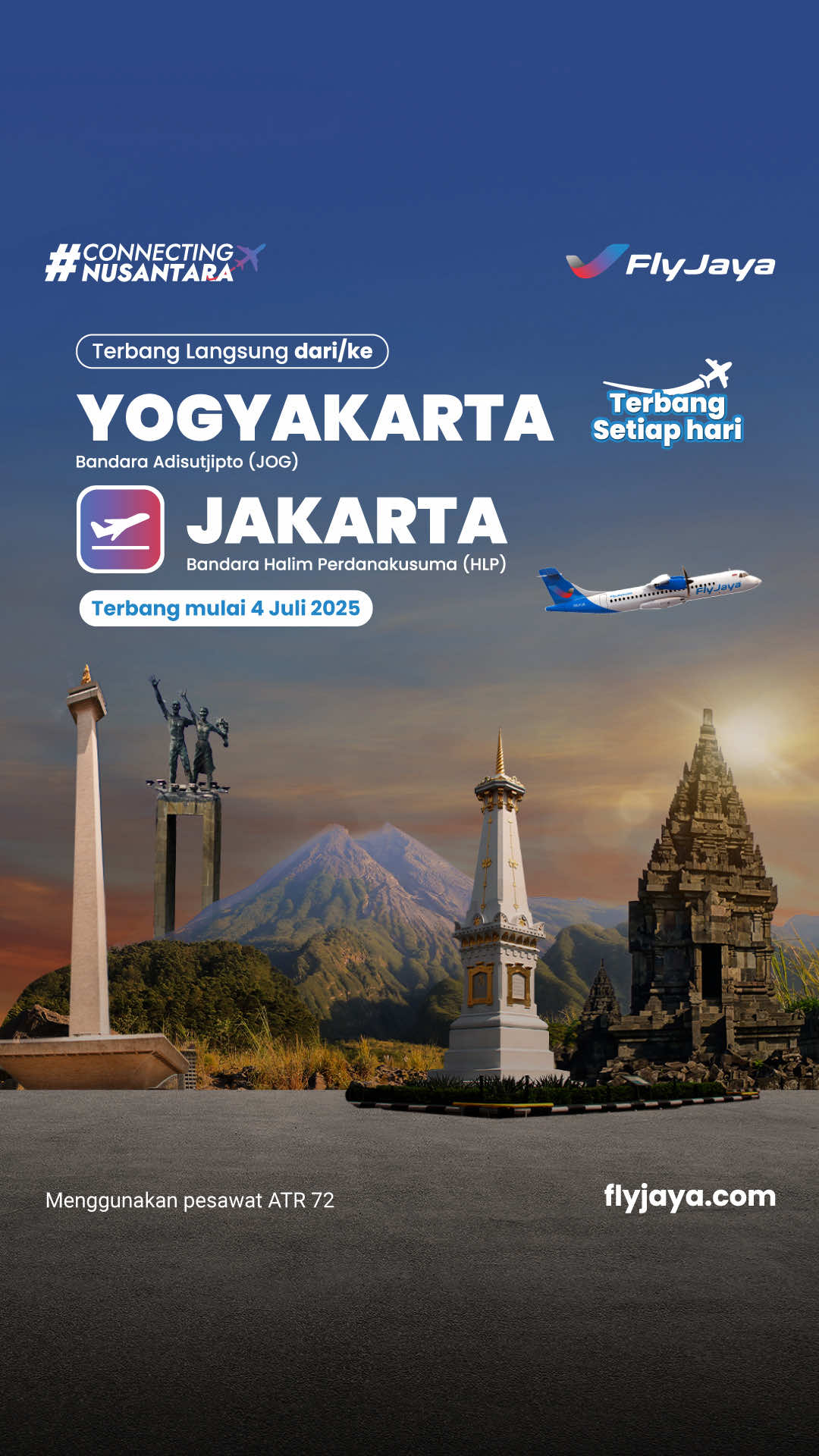 Jogja ke Jakarta? Sekarang lebih mudah! FlyJaya buka rute baru langsung dari/ke JOG dan HLP. Terbang tiap hari, mulai 4 Juli 2025. Pesan tiketnya via Website atau Contact Center HaloAnya di +62 822-1036-1984 #FlyJaya #ConnectingNusantara #FlyEveryday #ATR72 #JogjaJakarta
