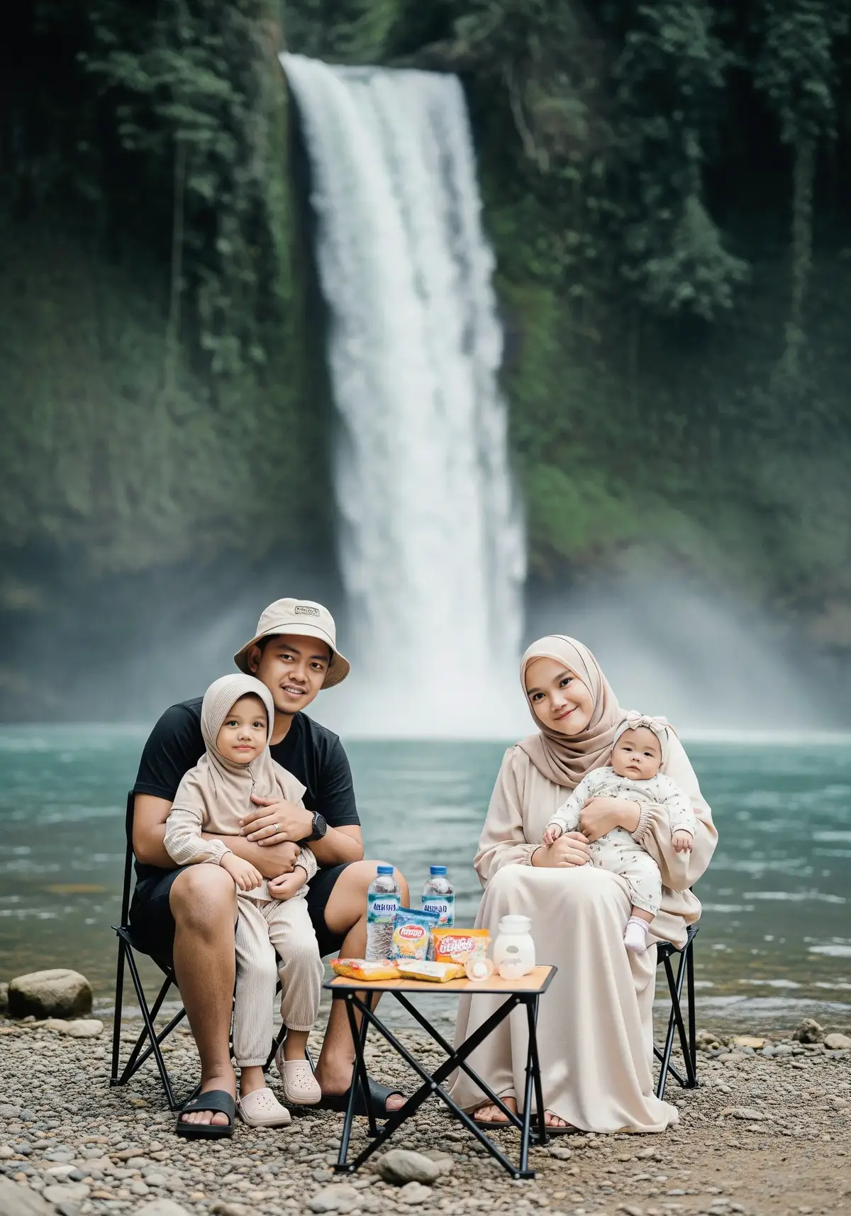perkenalkan keluarga kecil ku,. Saya adalah seorang ayah yang berusia 33 tahun, istri saya berusia 30 tahun dan anak pertama usia nya 5 tahun, akan kedua baru berusia 10 bulan... PROMPT : Foto keluarga Muslim muda asal Asia Tenggara sedang piknik santai di alam terbuka dengan latar belakang air terjun megah dan sungai berwarna hijau toska. Mereka duduk di kursi lipat hitam di tepi sungai berbatu kecil, semuanya menghadap dan menatap ke arah kamera dengan senyum hangat. Sang ayah mengenakan kaos abu-abu gelap, celana pendek hitam, dan topi rimba berwarna krem, sambil memeluk anak perempuan berusia 6 tahun yang mengenakan setelan dan hijab kecil berwarna krem. Di sebelahnya, sang ibu mengenakan gamis panjang dan hijab lebar warna krem muda, memangku bayi perempuan berusia 10 bulan yang juga mengenakan pakaian senada dengan bandana kecil di kepala. Di tengah mereka terdapat meja lipat kecil berisi makanan ringan, dua botol air mineral merek Aqua, dan sebuah dot bayi berisi susu yang diletakkan rapi di atas meja. Foto diambil dengan kamera profesional, menampilkan detail tajam, pencahayaan alami yang seimbang, warna-warna yang hidup namun tetap natural, serta efek depth of field yang membuat latar belakang air terjun terlihat lembut dan fokus utama tertuju pada keluarga. Komposisi gambar rapi dan estetis, dengan rasio 3:4. Suasana hangat, harmonis, dan penuh kebahagiaan sangat terasa dalam potret ini. #geminiai #gemini #prompterchallenge #aiphotography #aiphoto #editphoto #AI #kceut #photolab #prompt #promptAI #tutorial #family #keluarga #wisataair #airterjun 