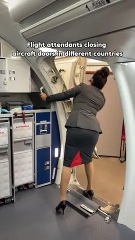 Flight attendants closing aircraft doors in different countries
