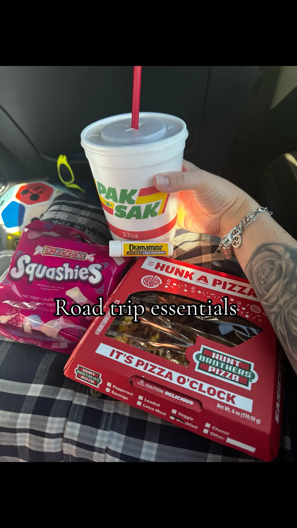 What are yalls road trip essentials??  #roadtrip #travel #Lifestyle #gasstationorder #traveltiktok #fyp #momlife #foryou #snacks 