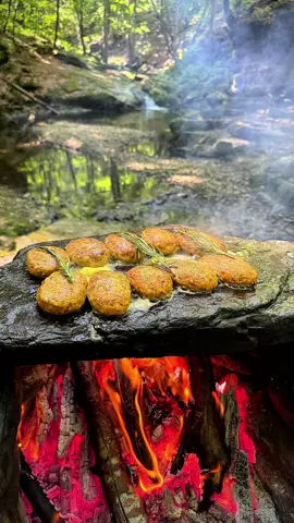 Cooking salmon meatballs on hot rocks in nature 🐟🪵🔥💦🐿 #cookingasmr #outdoorcooking #Recipe #leon #cookingnature #camping #foodtiktok #salmon 