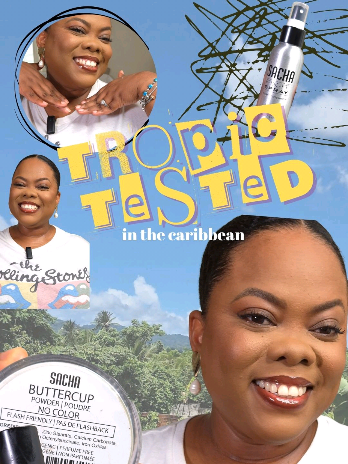 When a brand says to put them to the (tropic) test, how can I say no!  @sachacosmeticsofficial sent over products from their teatime bundle for me to try and me just say 1 product really surprised me.  Teatime Bundle Includes Face canvas primer Buttercup foundation  Buttercup concealer  Buttercup setting powder Fix it setting spray You can shop their teatime bundle for 20% off during their anniversary sale in store or online at shopsacha.com #Tropictested #caribbeantiktok #summermakeup #sachacosmetics 