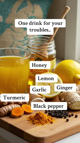 One drink for your troubles.. #detox#clean#nutritiontips#naturalremedies#turmeric#kidneys#garlic#detoxdrink#healthyliving#Honey#Garlic#Ginger#Turmeric#Blackpepper#Lemon
