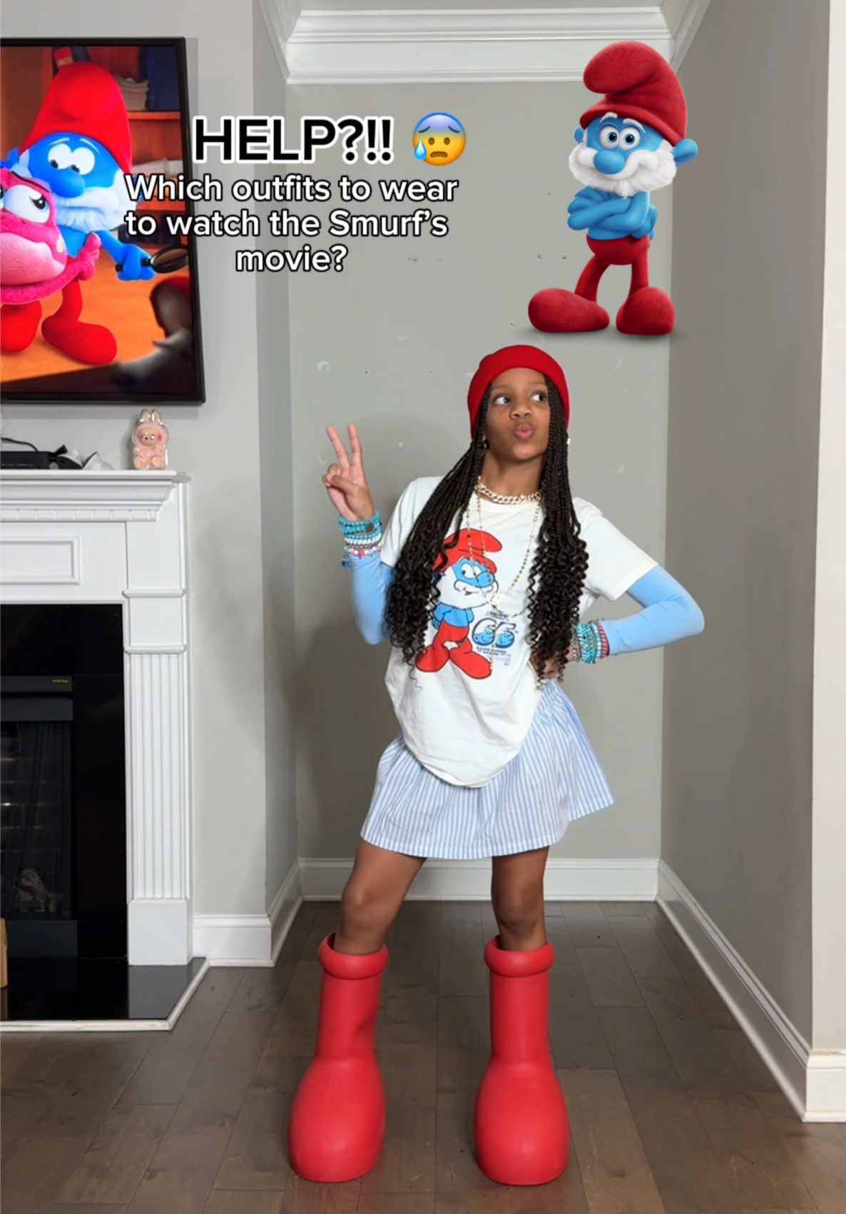 Which outfit should she wear to watch the Smurfs movie 🍿 #smurfs #rihanna #mschf #mschfboots #outfitinspo #blackgirloutfits 