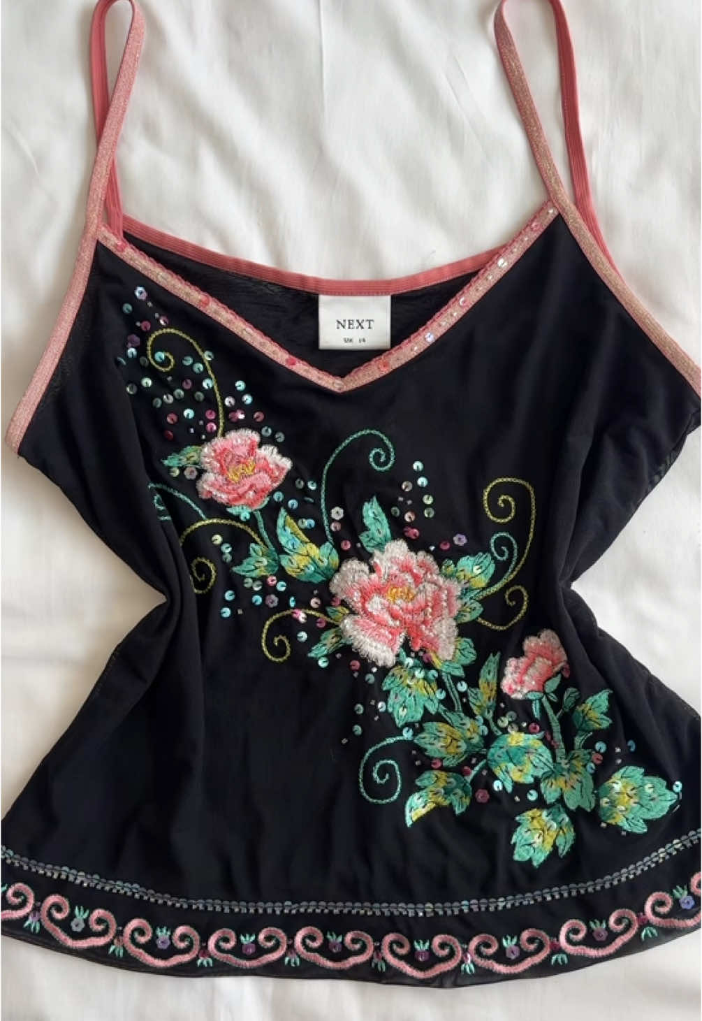 Find of the month, the prettiest old label Next cami, will be on my vinted sophiew101 soon🌸💗🩷 #Y2KStyle #Y2KAesthetic #VintageFashion #RetroVibes #2000sFashion #CamisAndSequins #ThriftHaul #ThriftedFinds #SecondhandStyle #SustainableFashion #PrelovedFashion #OOTD #FashionTok #Stylelnspo #FYP #TikTokFashion #vinted #sequins #ibiza #boho #sequins #chairtyshop #reseller #janenorman #vinted 