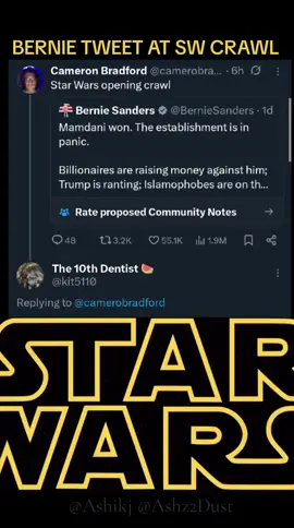 @Bernie Sanders tweet about @Zohran Mamdani turned into a Star Wars Crawl