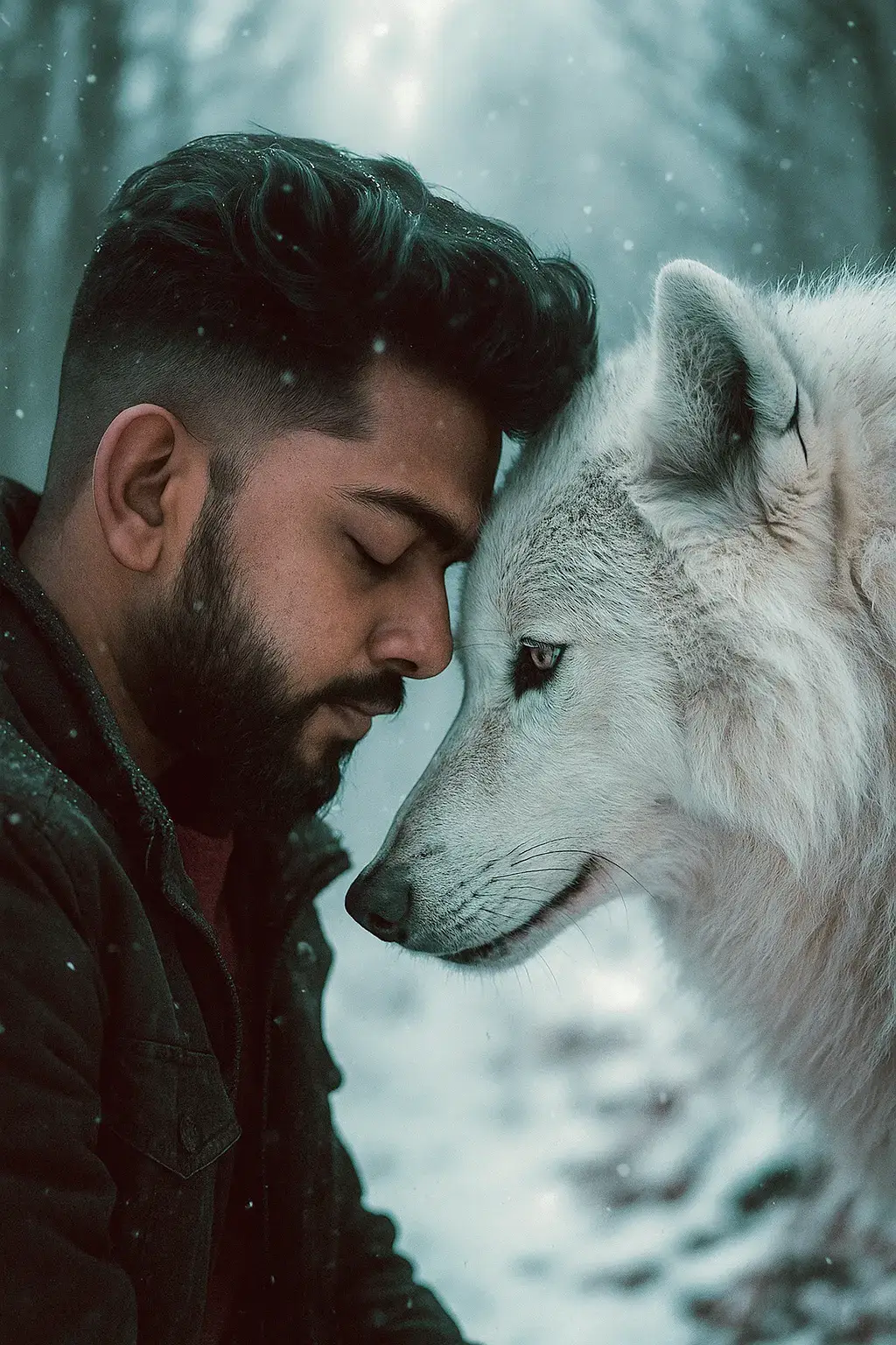 Create a cinematic, emotional portrait of the uploaded person standing forehead-to-forehead with a wild animal (such as a wolf or hyena) in a snowy wilderness. The person has a gentle, soulful expression, eyes closed, wearing a dark winter jacket. The animal looks calm and connected, mirroring the emotion. The background is a soft, misty winter forest with subtle snowflakes falling. Use soft, dramatic lighting with a shallow depth of field to create a touching, heartwarming atmosphere inspired by movie scenes of trust and bond between human and wild. #foryou #fyp #chatgpt #prompt #style #animal  #ai #aiart 