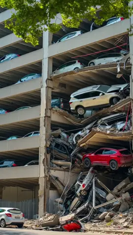 An old multi-level parking garage started collapsing right in front of people. Everyone is shocked — how many cars are trapped underneath? How will the owners deal with this now?  #crash #crashed #damage #ai #news #collapse #car #cars #parking #city #fail #auto #earthquake #wow