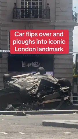 A car has flipped over and smashed into London's iconic Piccadilly Circus fountain. The London Ambulance Service said they sent a huge emergency response and took two people to hospital. One of them is being treated at a major trauma centre.