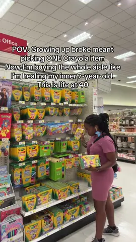 Growing up broke meant picking one Crayola item and dreaming of all the colors. Now I’m healing my inner child by buying the whole Crayola aisle like an adult with money 😩🖍️ Who else remembers the struggle?                                 #POV #FYP #ForYou #ThisIsLifeAt40 #ChildhoodUnlocked #90sBaby #HealingMyInnerChild