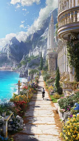 🚴🥰 A relaxing bike ride along a coastline paradise 🌴🏛️ #ai #aiart #fantasy #dreamy #magic #fantasyart #bike #meditate #relaxation #marble #flowers #relaxingvideo #fyp #pov