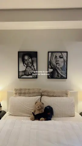 a mix of him and her except the wall art 😚💌 #RoomTour #stockholmstyle #roomdecor #aesthetic #neutralaesthetic #chic #asaprocky #vogue #vanity #bedroomdecor #bedroom #apartment #apartmentdecor #relationships #couple #couples #bedding #apartmenttour 