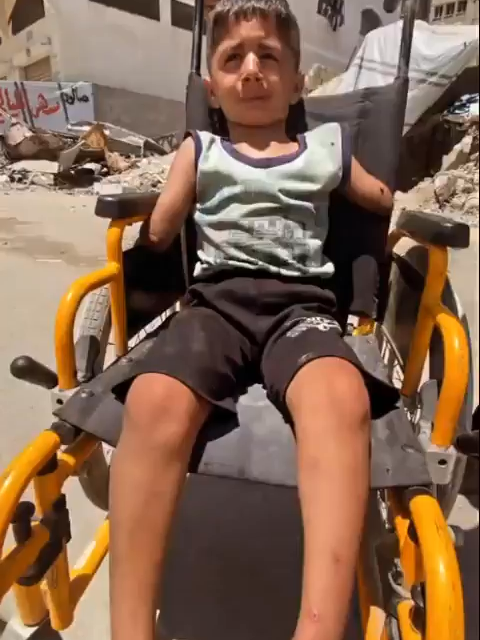 This is Amir — a quadruple amputee child from Gaza. Israel did this to him. Gaza now has the highest number of child amputees on Earth. A generation maimed and mutilated by Israel before it ever had the chance to grow.