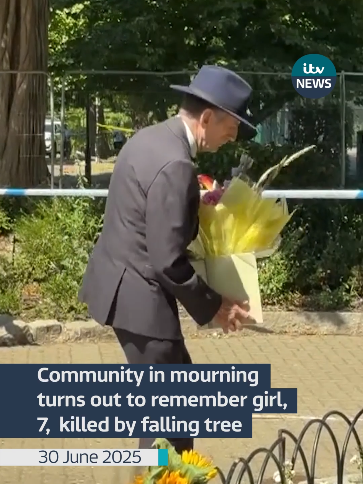 A community in mourning turned out for a service in memory of a seven-year-old girl who was killed by a falling tree. The child died and several more were injured after a tree in Chalkwell Park, Southend-on-Sea, fell on Saturday afternoon. A six-year-old girl remains in a critical condition, and three other children caught underneath the tree were injured and treated in hospital. #itvnews