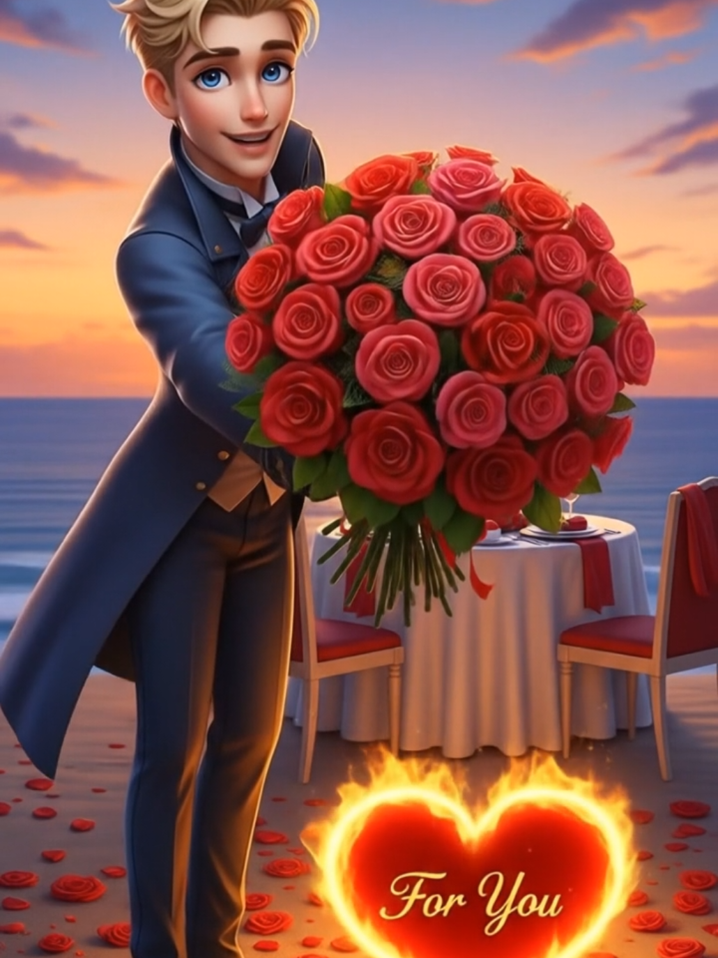 💘 Когда любовь — это больше, чем слова… Он на берегу моря, в руках букет роз, а на песке горит сердце с надписью For You 🥺🌹 #романтика #3Dlove #длятебя #AIart #романтическоевидео #tiktoktrend #aivideo #forYou #foryoupage #fypシ #видеодлядуши 