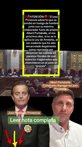 ‼️🔴ATENCIÓN:🔴‼️El juez Presencia advierte que se pondrá en huelga de hambre junto con su máximo colaborador fuera de prisión, Albert Portabella, en los próximos días, si no se le aplica la Ley de Amnistía, al ser evidente que ha sido encarcelado ilegalmente como represalia por denunciar las cuentas en paraísos fiscales de casi todos los magistrados que intervinieron en el juicio al “procés”. En un comunicado de prensa hecho público hoy por ACODAP, la Asociación Contra la Corrupción liderada por el juez Presencia, se informa de la petición que ha presentado su equipo jurídico ante el Tribunal Constitucional, en el que se solicita como medida cautelarísima que se aplique al magistrado la Ley de Amnistía y se le ponga inmediatamente en libertad. Hay que tener en cuenta que el juez Fernando Presencia continúa encarcelado ilegalmente en el centro penitenciario de Topas (Salamanca), a pesar de haber transcurrido ya dos años desde su detención, el 28 de junio de 2023, ordenada por el entonces titular del juzgado de refuerzo del central 6, Joaquín Elías Gadea Francés, ahora expulsado de la Audiencia Nacional. En el artículo 1 de la Ley de Amnistía se indica expresamente que: “También quedarán amnistiados los actos de desconsideración, crítica o agravio vertidos contra las autoridades y funcionarios públicos, los entes e instituciones públicas, así como sus símbolos o emblemas, incluidos los actos llevados a cabo a través de la prensa, de la imprenta, de un medio de comunicación social, de internet, o mediante el uso de redes sociales y servicios de la sociedad de la información equivalentes”, relacionados con el juicio del “procés”. Hay que recordar que ACODAP ha denunciado ante la Autoridad Independiente de Protección del Informante (A.A.I.) las cuentas en paraísos fiscales de 10 de los 16 magistrados de la Sala de lo Penal del Tribunal Supremo, incluido Manuel Marchena y también dos de sus hijos, que la mayor parte de esos magistrados denunciados, por no decir todos, participaron en el juicio al “procés”. “Precisamente –sigue diciendo la asociación denunciante–, las diligencias previas 50/2022 del Juzgado de refuerzo del Central 6 de la Audiencia Nacional, donde se acordó la prisión provisional del juez Presencia, fueron incoadas a iniciativa de esos magistrados denunciados por corrupción; y que la magistrada que condenó con falsedades al juez Presencia por un delito de calumnias, Marta Vicente de Gregorio, y el supuesto perjudicado por esas calumnias, el fiscal Ángel ‘Demetrio’ de la Cruz Andrade, también se personaron en ese procedimiento de la Audiencia Nacional como perjudicados, por haber sido denunciados igualmente por tener cuentas en paraísos fiscales”. ✅VER EN LA ANTERIOR NOTA, LOS TOTALES DE LAS CUENTAS EN PARAÍSOS FISCALES DE LOS JUECES Y FISCALES DENUNCIADOS.👇 https://t.me/juezFernandoPresencia/4092