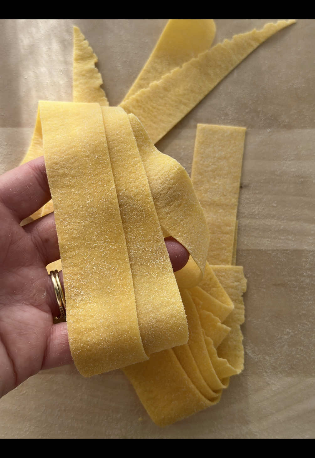Have you tried this technique before? It’s called pasta ruvida - rough pasta - and it’s a way of introducing more texture to your sheeted dough. Now I’m never one to gatekeep so I wanted to share how I did it -  1. Start with a drier dough if you’re comfortable. I think my master dough recipe works quite well for this one! ☺️ 2. Roll the dough to the thickest setting - I like to pass through 0 and use my hands to widen the sheet then pass through 1 - unlike usual, I skip the fold/lamination phase all together. Make sure to generously dust the dough with semolina flour between passes.  3. Let the dough dry for a while - I found up to an hour worked but if you’re working with a more hydrated dough you might need longer.  4. Add another generous dusting of semolina flour all over the dough. Then pass through your desired setting or as close to as the dough will fit - e.g. setting 6 - you can do a subsequent pass at 7 if desired.  And that’s it! The combination of partially drying the dough then forcing it through a thin setting helps to create this wonderful rough texture, perfect for sauce catching.  Would I use this technique for everything? No. It’s time consuming and I don’t think it’s necessary for every shape. However if you’re making something like pappardelle or tagliatelle, this is an absolute must. I don’t think I’ll be able to go back!  Enjoy ☺️ #pasta #pastatherapy #pastafresca #pastalover 