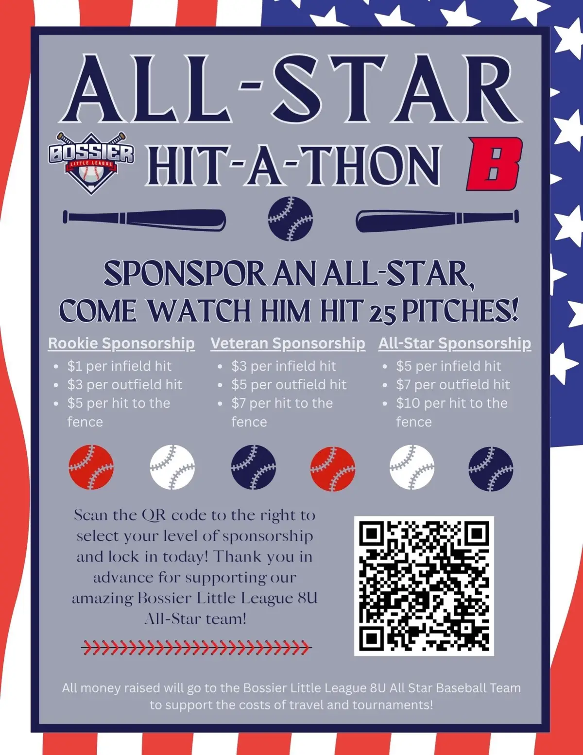 Help our all stars team get to the state tournament down south!  Pick one of my kids and a sponsorship level. The all star sponsorship will receive a team shirt.  If you cannot make it to watch them hit, I will be going live on here https://form.jotform.com/251806815335155  There’s also a donation option.  This is going to be so much fun and hope everyone hops in on the fun 