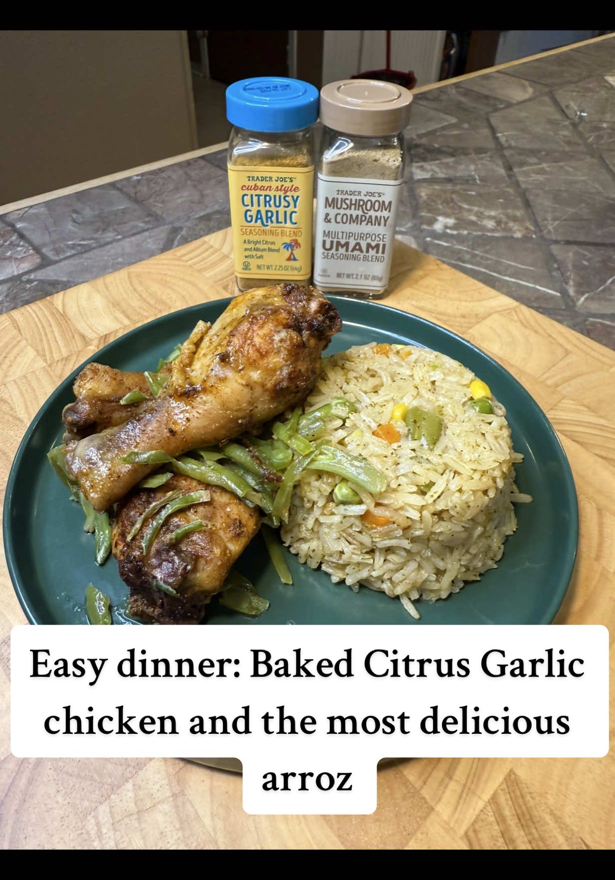 A quick and easy dinner but it’s definitely not lacking in flavor! #DinnerIdeas #bakedchicken #citrusgarlic #umami #sofrito #arroz Citrus Garlic Chicken & Arroz  1/2 tablespoon Citrus Garlic Seasoning 1 teaspoon Umami 1 teaspoon paprika Marinade chicken overnight    Arroz 1 tablespoon of avocado oil  1 cup jasmine rice  1/2 tablespoons Chicken consomate 1/2 cup sofrito 1/2 Cups of water 