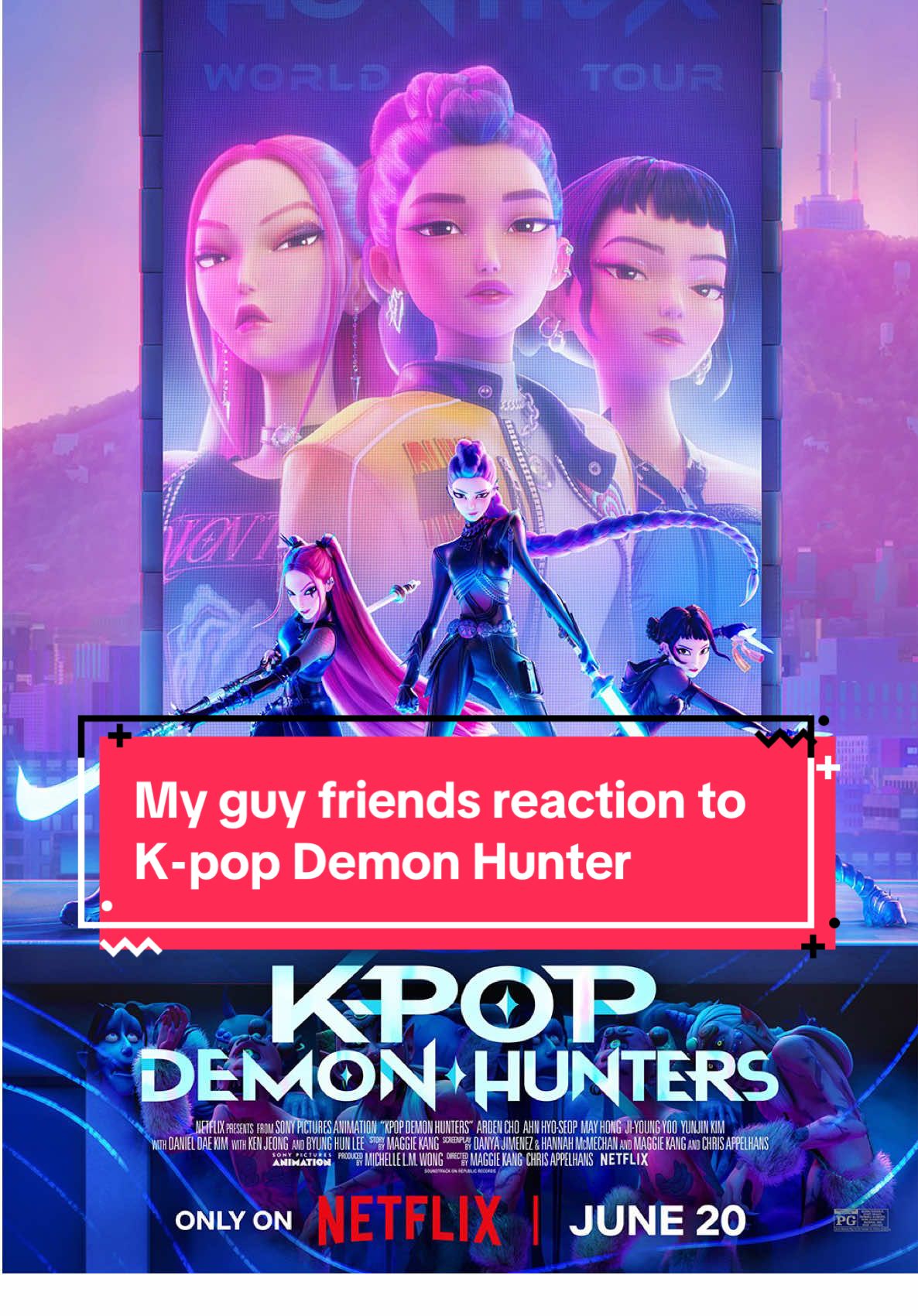 Getting my guy friends and my girlfriend to watch the K-pop Demon Hunter movie from Netflix!   Overview A world-renowned K-Pop girl group balance their lives in the spotlight with their secret identities as demon hunters. KPop Demon Hunters is a 2025 American animated musical fantasy film produced by Sony Pictures Animation and released by Netflix. It was directed by Maggie Kang and Chris Appelhans, from a screenplay by Kang, Appelhans, and Hannah McMechan and Danya Jimenez, based on a story conceived by Kang. The film stars the voices of Arden Cho, Ahn Hyo-seop, May Hong, Ji-young Yoo, Yunjin Kim, Daniel Dae Kim, Ken Jeong, and Lee Byung-hun. It follows a fictional K-pop girl group, Huntr/x, who lead double lives as demon hunters; they face off against a rival boy band, the Saja Boys, whose members are secretly demons. #kpopdemonhunters #netflixkpopdemonhunters #netflixmovies #moviereaction #filmtom #kpopreaction #kpop #filmtok @Netflix  @Netflix Geeked 