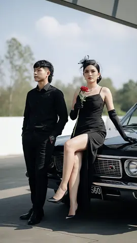 Mafia Style Prewed Ai☠️ Prompt : Modern mafia themed pre-wedding photo with elegant and classy bride and groom. 24 year old Indonesian man with mulet/wolfcut hair, wearing all black suit with black shirt, black shoes, and confident and calm expression. 20 year old Indonesian woman wearing glamorous black evening dress with thigh high slit, long black gloves, black high heels, pearl necklace, and small black fascinator accessory with sheer veil on her head. Woman poses sitting gracefully on the hood of black classic vintage car with her legs crossed, while man stands beside her with one hand in pocket. Background is modern minimalist garage with natural daylight, clear sky, and trees in the distance. Elegant, confident, and cinematic atmosphere, highlighting the impression of modern mafia boss couple. Ultra-realistic photography style, high resolution, with natural colors like the result of professional photographer's shots.