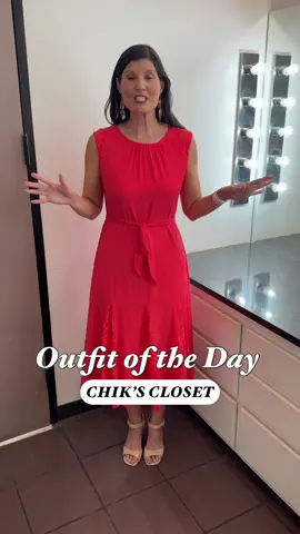 Last week, I wore a maxi dress, then a mini dress. So it only seemed fitting to wear a midi dress! I love the bright, cheery coral color and the mixed media. It actually looks like a bright red on video.  👗: Taylor  💎: Kendra Scott @Kendra Scott  👡: Jessica Simpson @Jessica Simpson Collection  #GRWM #ChiksCloset  #fashion #fashionstyle  #style #tvnews #tvmeteorologist #TaylorDresses  #kendrascott #jessicasimpsonstyle 