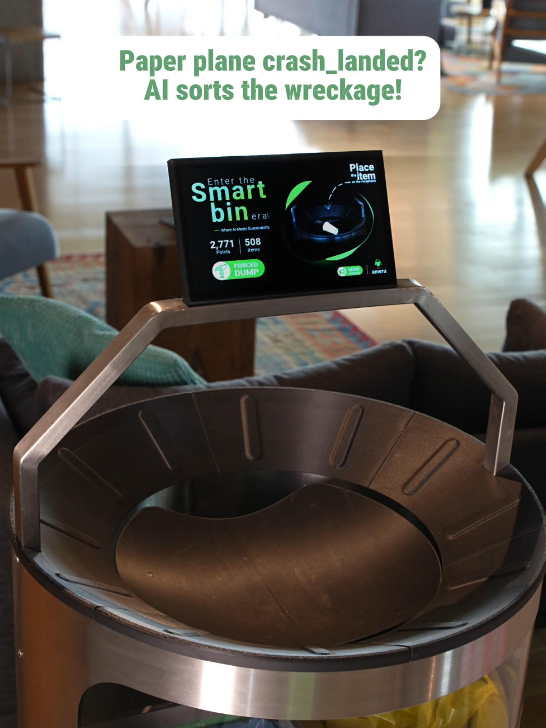 ✈️ Paper plane crashed? Ameru’s AI Smart Bin sorts the wreckage! Computer vision spots paper, edge computing sorts it fast, and the touchscreen keeps it easy. After 40M+ views, On Running’s Zurich HQ shows it’s flying high for sustainability! #AmeruAI #Recycle #ameruai #ai #ameru #Sustainability #wastemanagement #recycling #robotics #Innovation #workspace #Automation #IoT #smartbin #sorting #office #Workspace #officetech