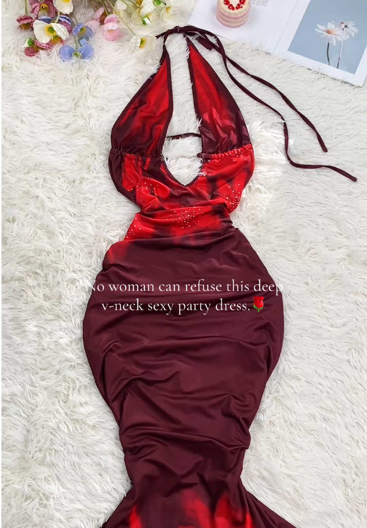 No woman can refuse this deep v-neck sexy party dress.🥀💐 #floral #floraldress #maxidress #vneck #vneckdress #sexy #sexydress #longdress #partydress #womendress #summeroutfit #summerdress #dresses #womenoutfits #mydress #beutifuldress #tiktokshop #fypシ #fyppppppppppppppppppppppp #elegantdress #red #reddress #xfj 