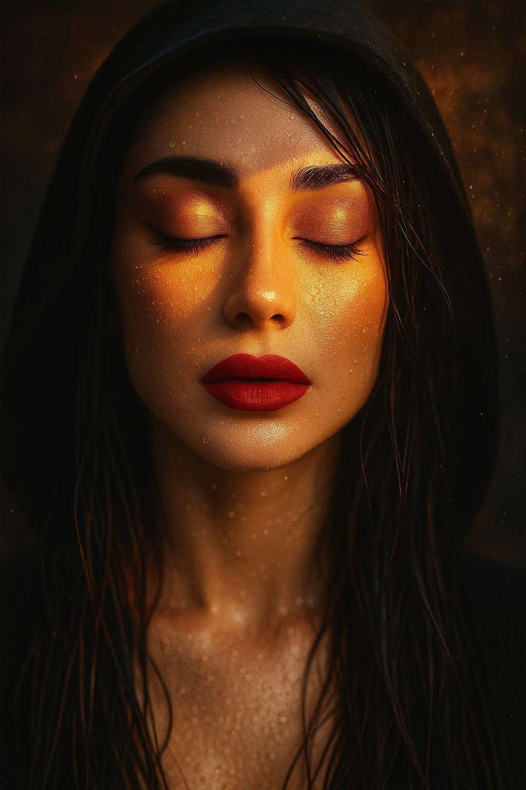 Golden Hour Glow ✨ | Cinematic Wet Look Transformation From soft daylight to dramatic cinematic glow 🌅💦✨ Moist skin, golden shadows, and bold red lips — every detail matters! #BeforeAndAfter #PortraitMagic #GlowUp #chatgpt #phototricks  #frovenixofficial #frovenix  #CinematicLook #GoldenHour #MoistSkin 
