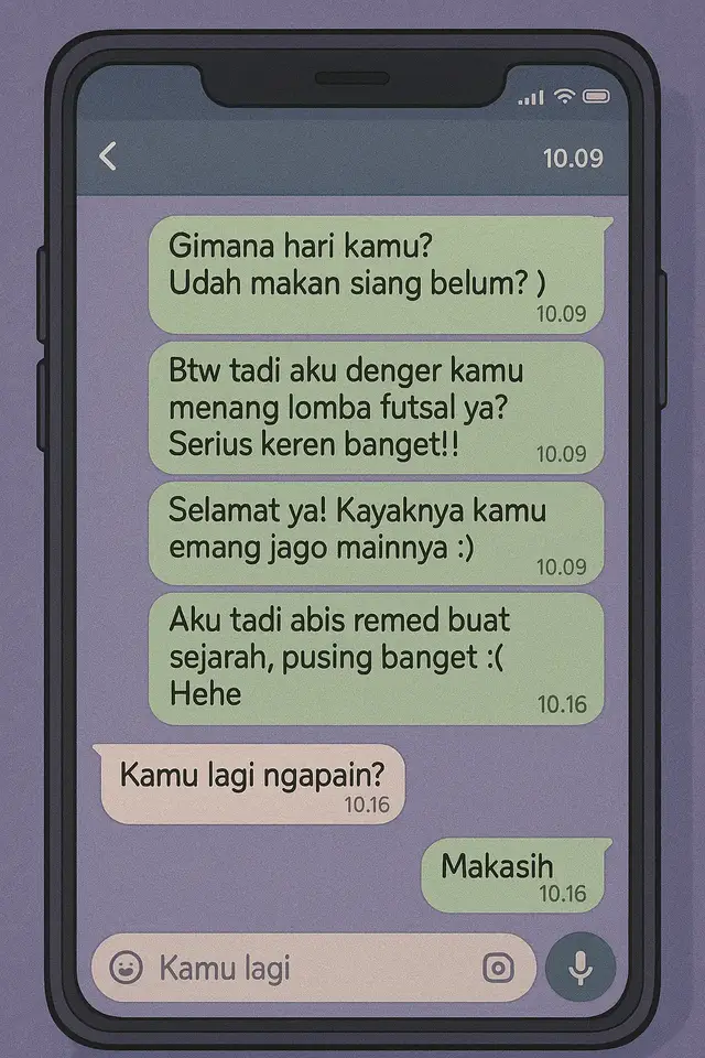 💬 Pelajaran dari Chat Panjang Dibalas Singkat: > “Responnya gak pernah sepadan sama usaha kita.” 1. Kita cerita panjang, tulis dengan hati... Tapi dia? Balas cuma satu dua kata. Kayak gak benar-benar baca, apalagi peduli. 2. Dulu dia yang ngajak kenalan, sekarang malah paling dingin. Tiba-tiba slow respon, bahkan dry text kayak cuma sekadar bales biar gak dibilang sombong. 3. Padahal kita cuma mau ngobrol. Bukan maksa disukai, bukan minta dibalas manis. Cuma pengen dihargai... dikasih sedikit rasa balik.