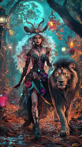 She walks beneath the haunted moon, a queen of shadows with a lion’s roar at her side. In the lantern’s glow, secrets awaken.