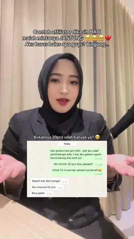 Sumpah bingung bangettt?? Masalahnya produkku ini buat dijual juga 🥹😭 dan lagi sold out, aku udah usahain ngasih 20 pcs. 😭😭😭 adanya emang segitu. Malah minta 50??? DAN GAK MAU NGONTEN??