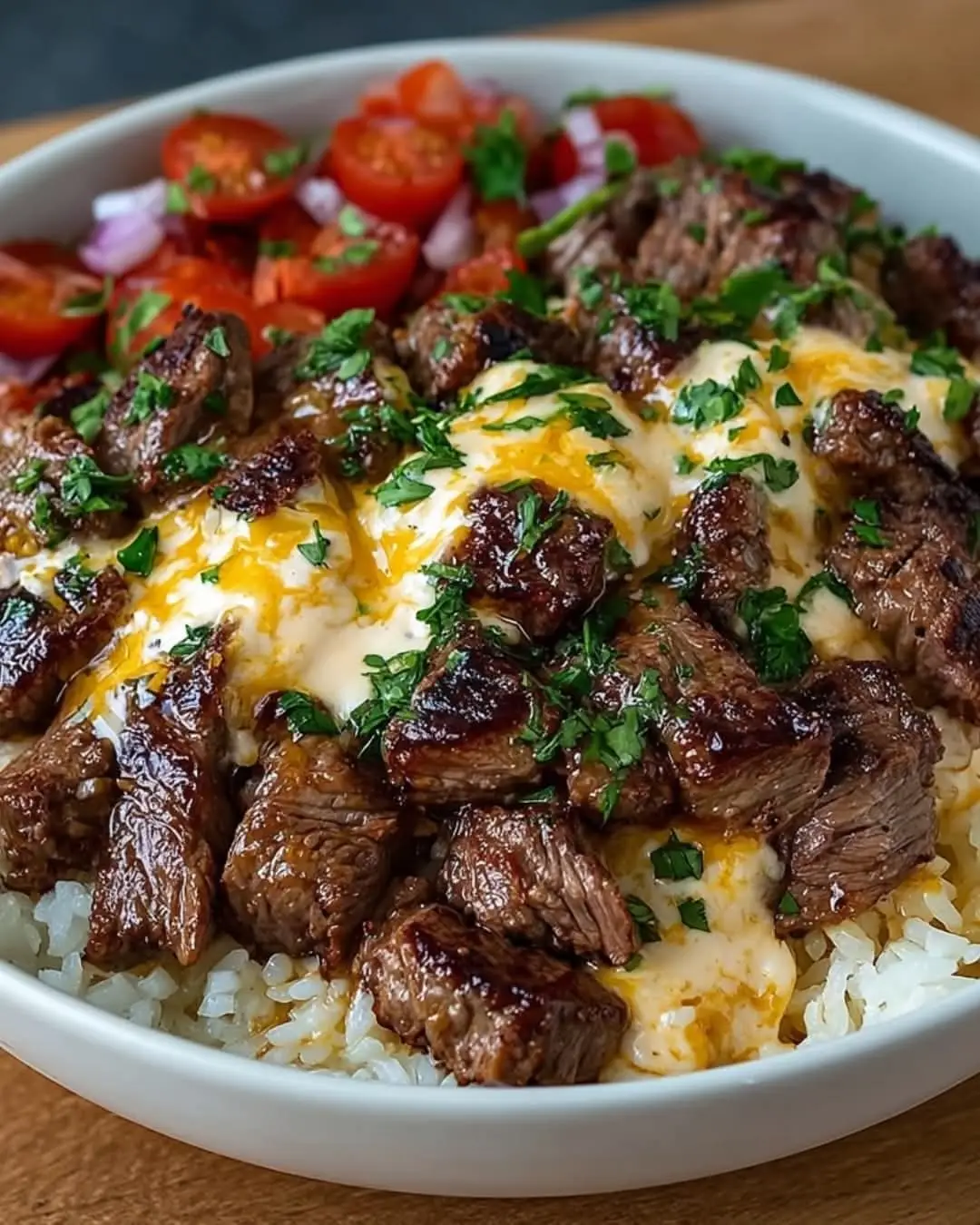 Ingredients: 1 lb flank steak or sirloin, cut into thin strips 1 tablespoon olive oil 1 teaspoon ground cumin 1 teaspoon chili powder 1/2 teaspoon smoked paprika 1/4 teaspoon garlic powder Salt and pepper to taste 1 cup long-grain white rice 2 cups beef broth 1 cup shredded cheddar cheese 1/2 cup cream cheese 1/4 cup sour cream 1/2 cup diced tomatoes (optional for added freshness) Fresh cilantro, chopped, for garnish Directions: In a medium saucepan, cook the rice according to package instructions, using beef broth instead of water for added flavor. Set aside. While the rice is cooking, heat olive oil in a large skillet over medium-high heat. Add the steak strips and season with cumin, chili powder, smoked paprika, garlic powder, salt, and pepper. Cook for 4-5 minutes until browned and cooked through. Remove the steak from the skillet and set aside. In the same skillet, reduce the heat to medium. Add the shredded cheddar cheese, cream cheese, and sour cream. Stir until the cheese is melted and the sauce is creamy. Add the cooked rice to the skillet, stirring to combine with the queso sauce. Add in the steak strips and diced tomatoes, mixing until everything is well coated. Simmer for an additional 2-3 minutes, allowing the flavors to meld together. Garnish with fresh cilantro and serve hot. Prep Time: 10 minutes Cooking Time: 20 minutes Total Time: 30 minutes Kcal: 480 kcal per serving Servings: 4 #steak #steakandricebowl #queso #fy #DinnerIdeas #dinnerideastiktok #delicious #ricebowl #delicious 