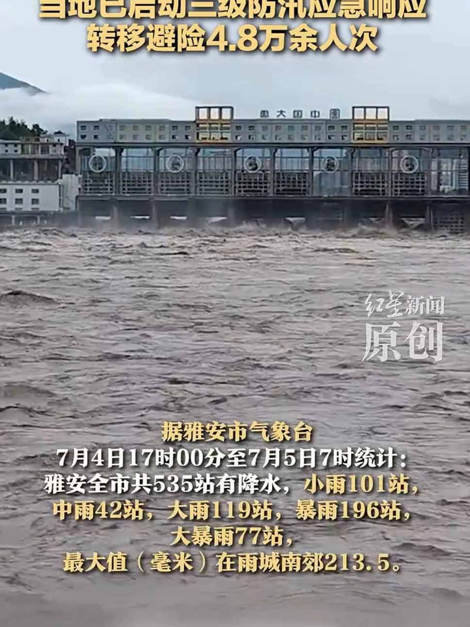 四川雅安24小时降雨量全国第 当地已启动三级防汛应急响应 转移避险4.8万余人次