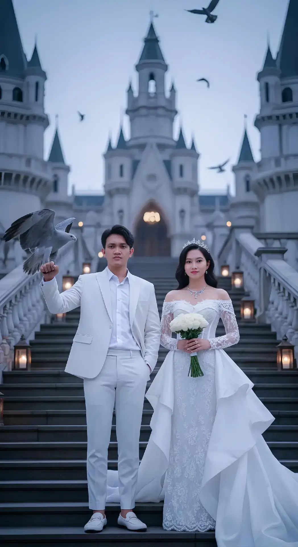 Pasangan pengantin berdiri di tangga kastil megah bergaya gothic pada senja hari. Pria mengenakan setelan jas putih elegan tanpa dasi, satu tangan di saku dan tangan lainnya memegang burung elang. Wanita memakai gaun pengantin putih mewah dengan lengan renda transparan dan ekor gaun panjang menjuntai di tangga, memegang buket bunga putih. Mereka berdiri tegak dan anggun di tengah tangga batu besar yang dikelilingi lentera menyala. Latar belakang kastil menjulang dengan menara runcing dan burung-burung beterbangan di langit yang mendung. Suasana dramatis, romantis, dan bergaya fairytale. . . . #gemini  #geminiai  #chatgpt  #googlegemini  #aigenerated  #promptgemini  #prompt  #fyp  #fypジviral  #bismillahfyp  #foryoupage  #suasanakita  #romanticas  #elegan  #photoshoot  #priwedding  #fotografia  #ghotic 