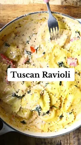 Creamy tuscan ravioli.  recipe link in bio  Super easy to make! Just a few ingredients + your favorite store-bought  ravioli and 15 minutes of your time. 1 tbsp unsalted butter 1 tbsp olive oil 4 garlic cloves  1 tsp salt, black pepper 1 tbsp Italian seasoning 3.5 ounces sun-dried tomatoes 2 ounces baby spinach 1.5 cup heavy cream 10.5 ounces cheese ravioli 1 tbsp lemon juice ½ cup grated Parmesan https://www.servingdumplings.com/recipe/creamy-tuscan-ravioli/ #ravioli #cooking #italianrestaurant #tuscan #instadaily