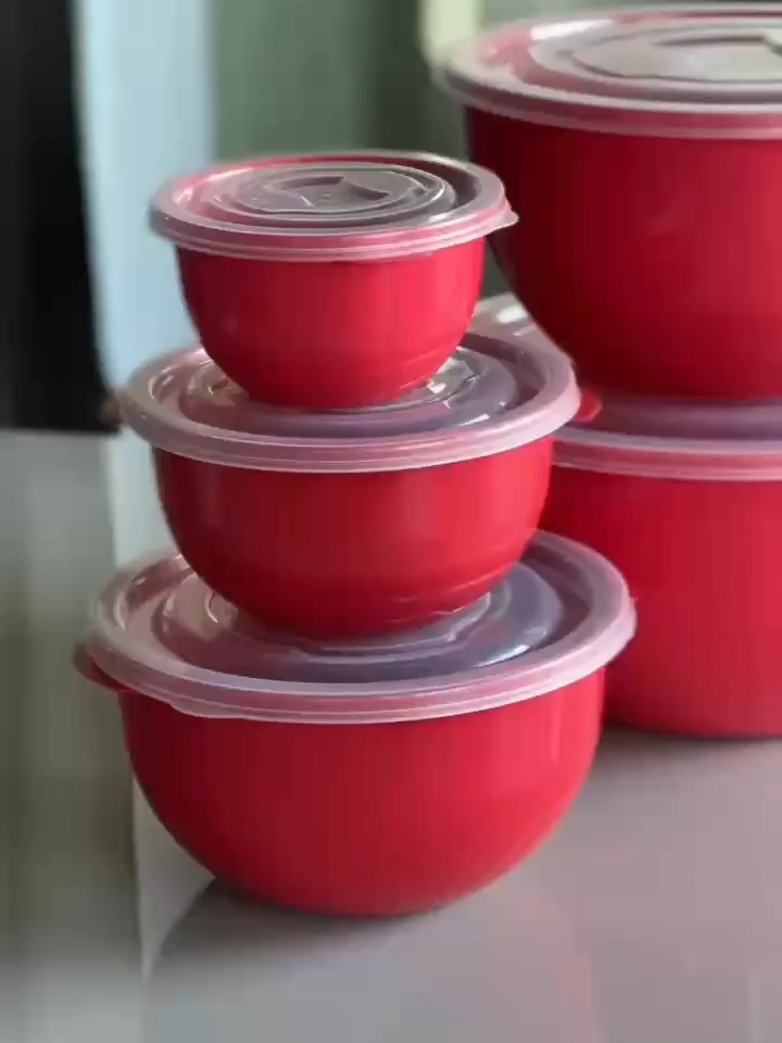 Kit Conjunto Jogo de 5 Potes Vermelho Plásticos Bowl Tampa Mantimentos Cozinha Saladeira 5 peças