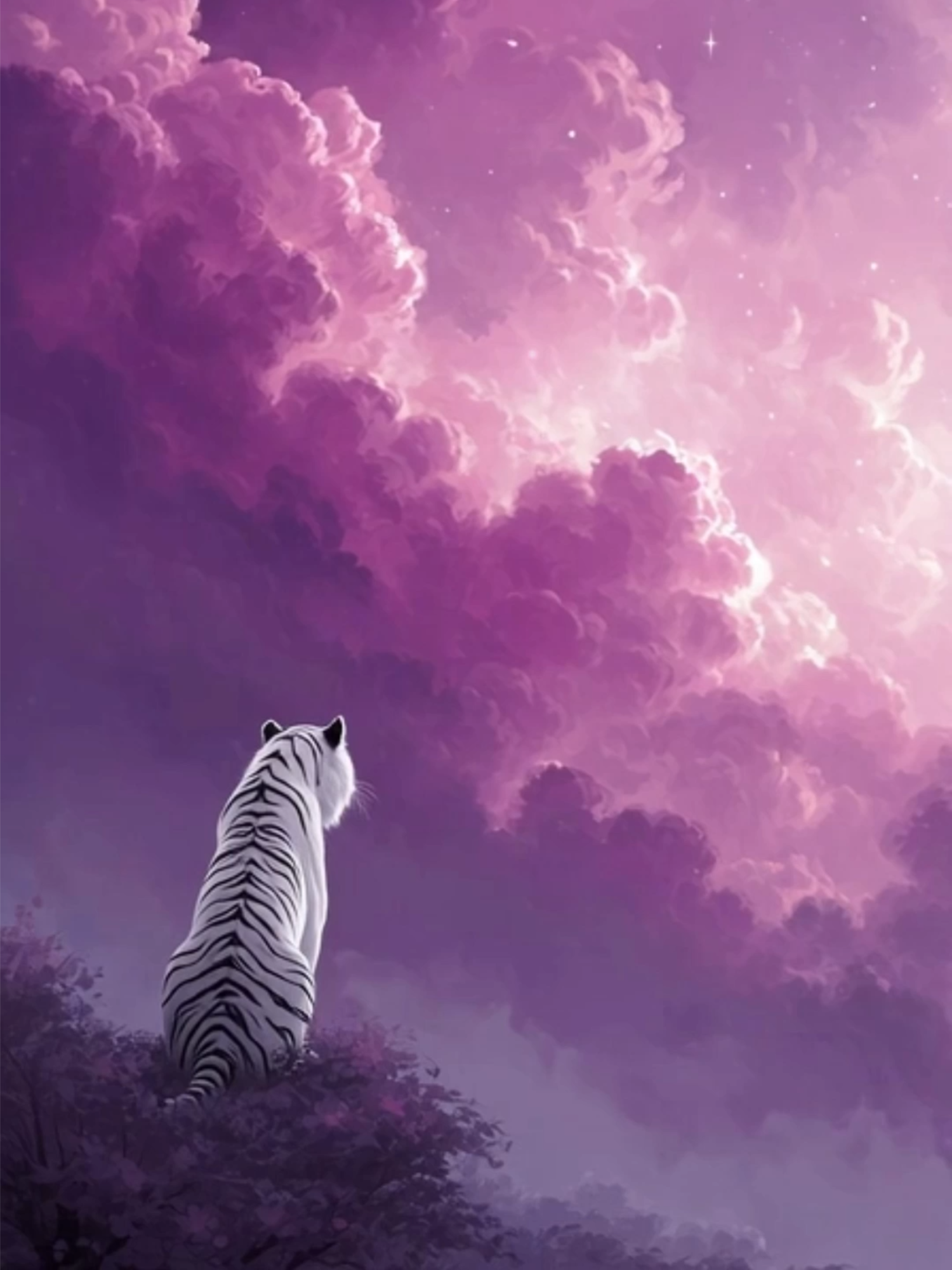 Live Wallpaper | Watcher of the Violet Skies #whitetiger #livewallpaper #violetdreams #etherealvibes #purplesky #tranquilvibes #aivideo #midjourney #dreamscape #fantasyvibes