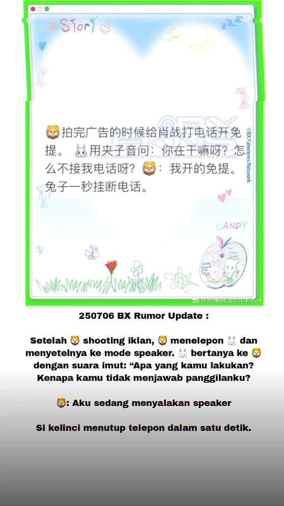 250706 BX Rumor bot update: after 🦁 filmed his commercial 🦁 called 🐰 and put him on speaker. 🐰 asked 🦁 in a cute voice: “what are you doing? why won’t you answer my call? 🦁: i'm on speaker The rabbit hung up the phone in one second. #wangyibo王一博xiaozhan肖战 #yizhan #bjyx 