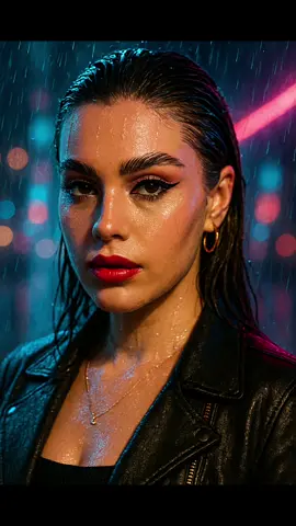“Empoderamiento Glam en Lluvia” Descripción para generar la imagen: Primer plano de una mujer joven con estilo urbano-glam. Fondo borroso de ciudad nocturna con luces de neón. Gotas de lluvia cayendo sobre su rostro y cabello, mojado con estilo. Mirada intensa y maquillaje llamativo (glitter, labios brillantes, delineado fuerte). Efecto de cámara tipo lente 35mm, alta nitidez, resolución 4K. Un rayo de luz rosado o azul cruzando detrás como iluminación dramática. Estilo visual: Contraste alto, colores vivos. Mezcla de belleza, fuerza y ambiente misterioso. La unica diferencia de una foto a la otra es q en la primera puse 