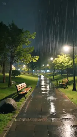 Empty park pathway at night under heavy rain 🌧️ #relaxation #heavyrain #natural #beauty 