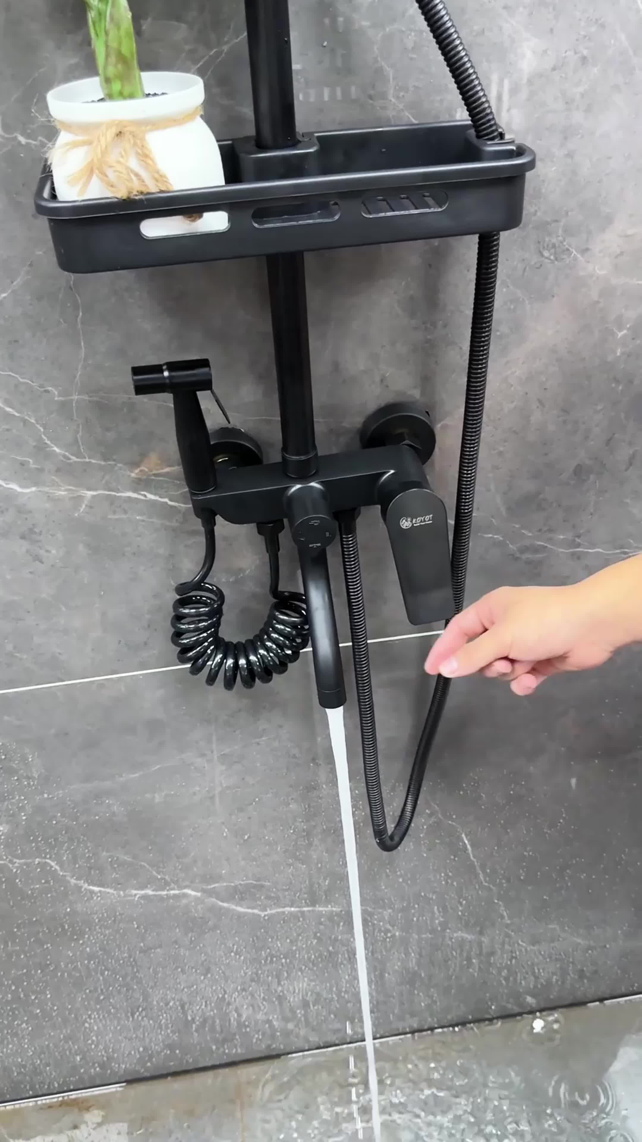 KOYOT 4 Dalam 1 Shower Kamar Mandi Full Set Panas Dingin Persegi Hitam Matte dengan Mixer Panas Dingin 4 Ways / Jet Shower / Hand Shower Mandi / Kran Panas Dingin / Kepala Shower Mandi / Tempat Sabun Shower Kamar Mandi Satu Set 